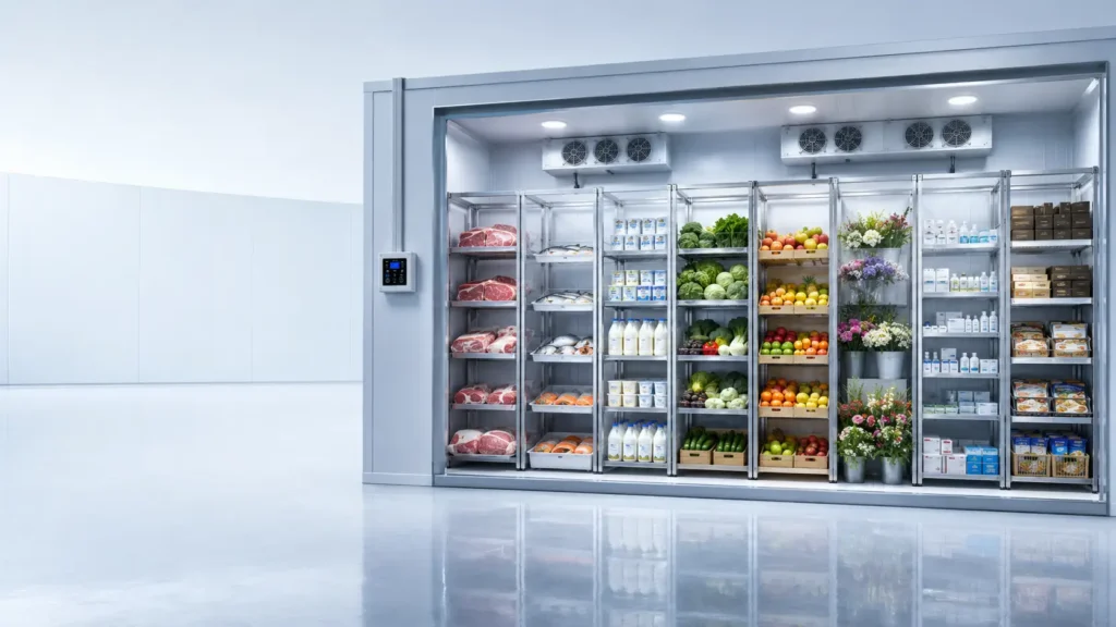Commercial cold room with separate storage sections for meat, fish, dairy, vegetables, fruit, flowers and medicines