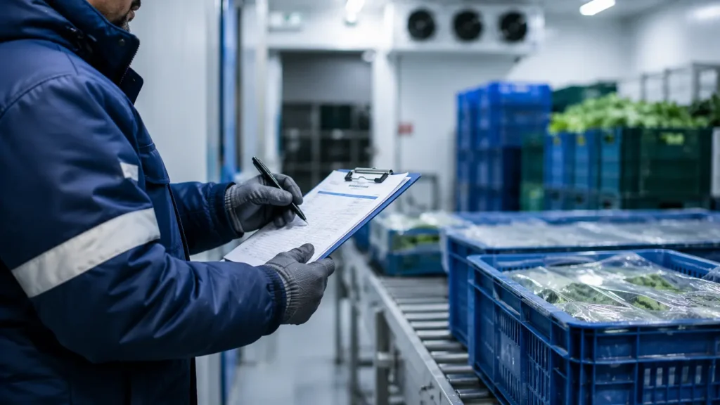 Technician completing a cold storage maintenance inspection inside a commercial chilled food facility in UAE
