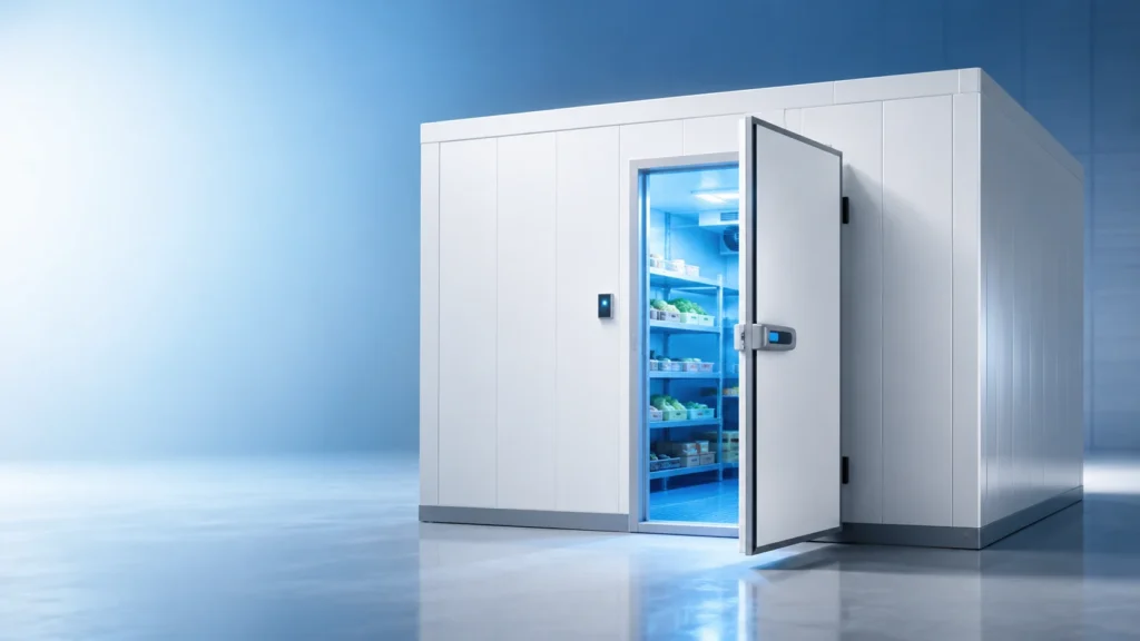 Commercial cold room in UAE with insulated door and organised food storage shelves