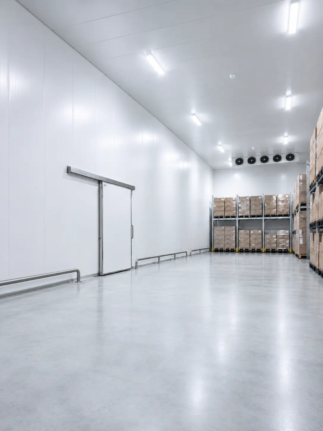 Commercial walk-in chiller room in UAE with insulated panels, sliding cold room door, refrigeration fans, and organized pallet storage.