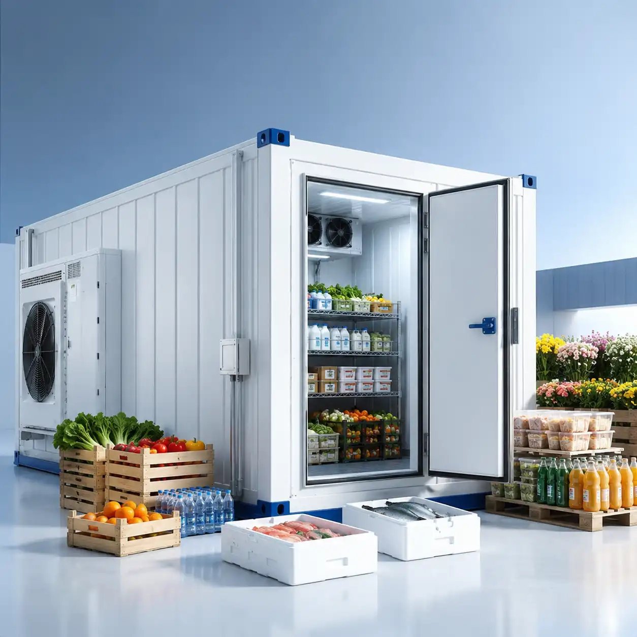 A container chiller room is used for food, drinks, seafood, flowers, and fresh produce storage in UAE commercial cold storage applications.