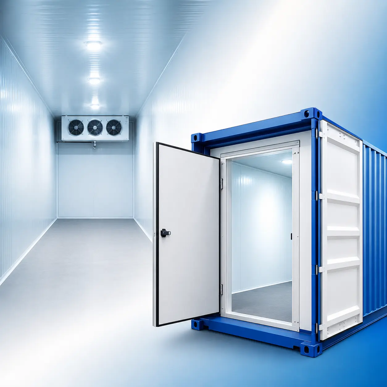 Container Chiller Room interior with insulated panels, cooling unit, lighting, and open container door for UAE cold storage use.