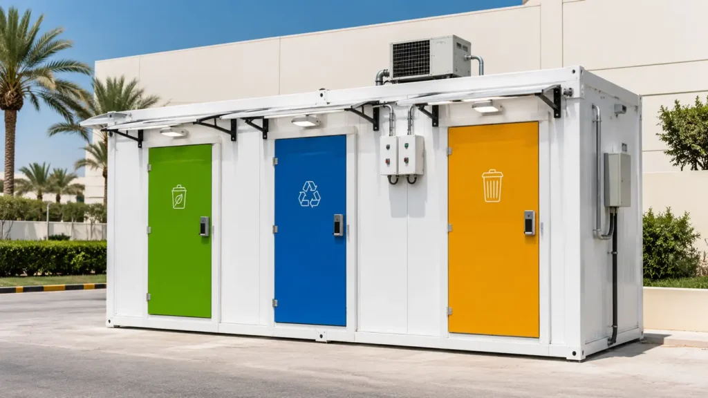 Container garbage chiller room for waste storage UAE with separate waste doors and outdoor cooling unit