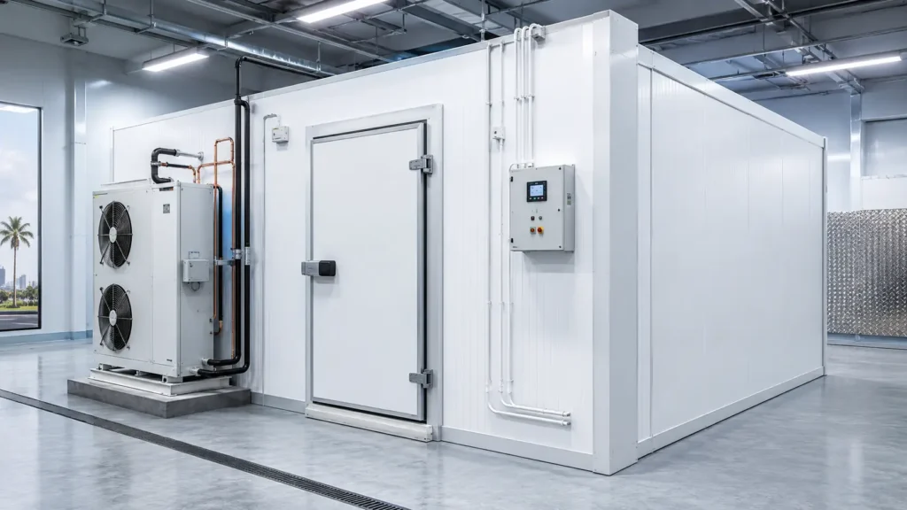 Customised chiller room with insulated panels, refrigeration unit, and control panel for commercial use in UAE