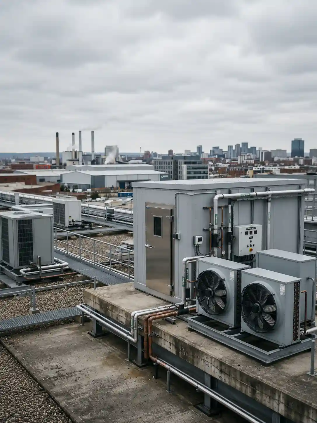 Customised chiller room system in UAE installed on a rooftop with refrigeration units, insulated panels, pipework, and control equipment