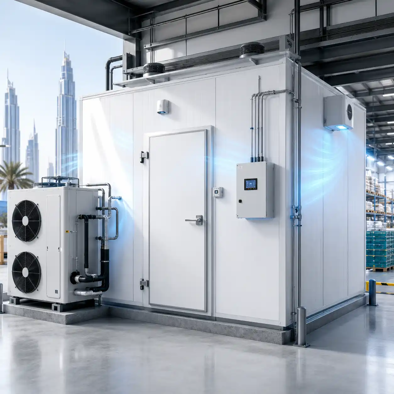 Customised chiller room in UAE with insulated panels, refrigeration unit, airflow system, and control panel for industrial cold storage
