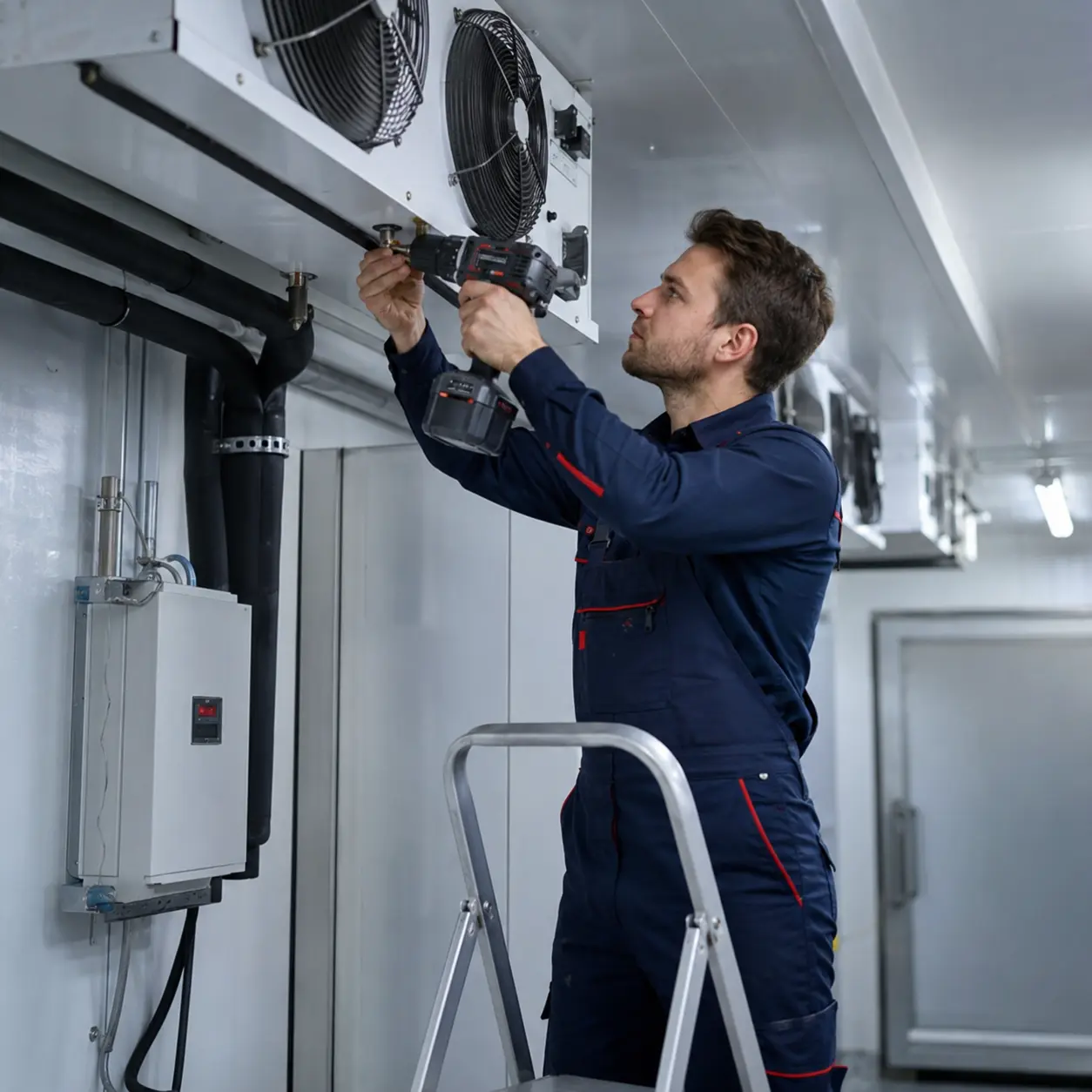 Technician servicing an evaporator unit during freezer room maintenance in UAE