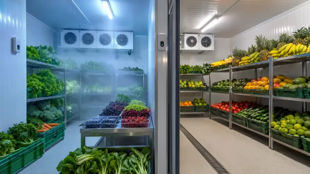 Separate cold room zones for leafy vegetables, berries, bananas, mangoes, pineapples, tomatoes and cucumbers
