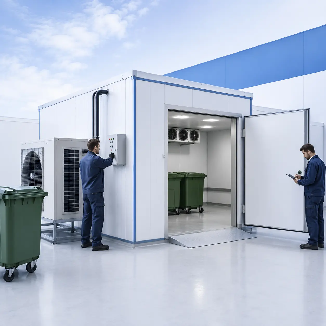 Garbage chiller room installation in UAE with technicians checking cooling controls and waste bins inside