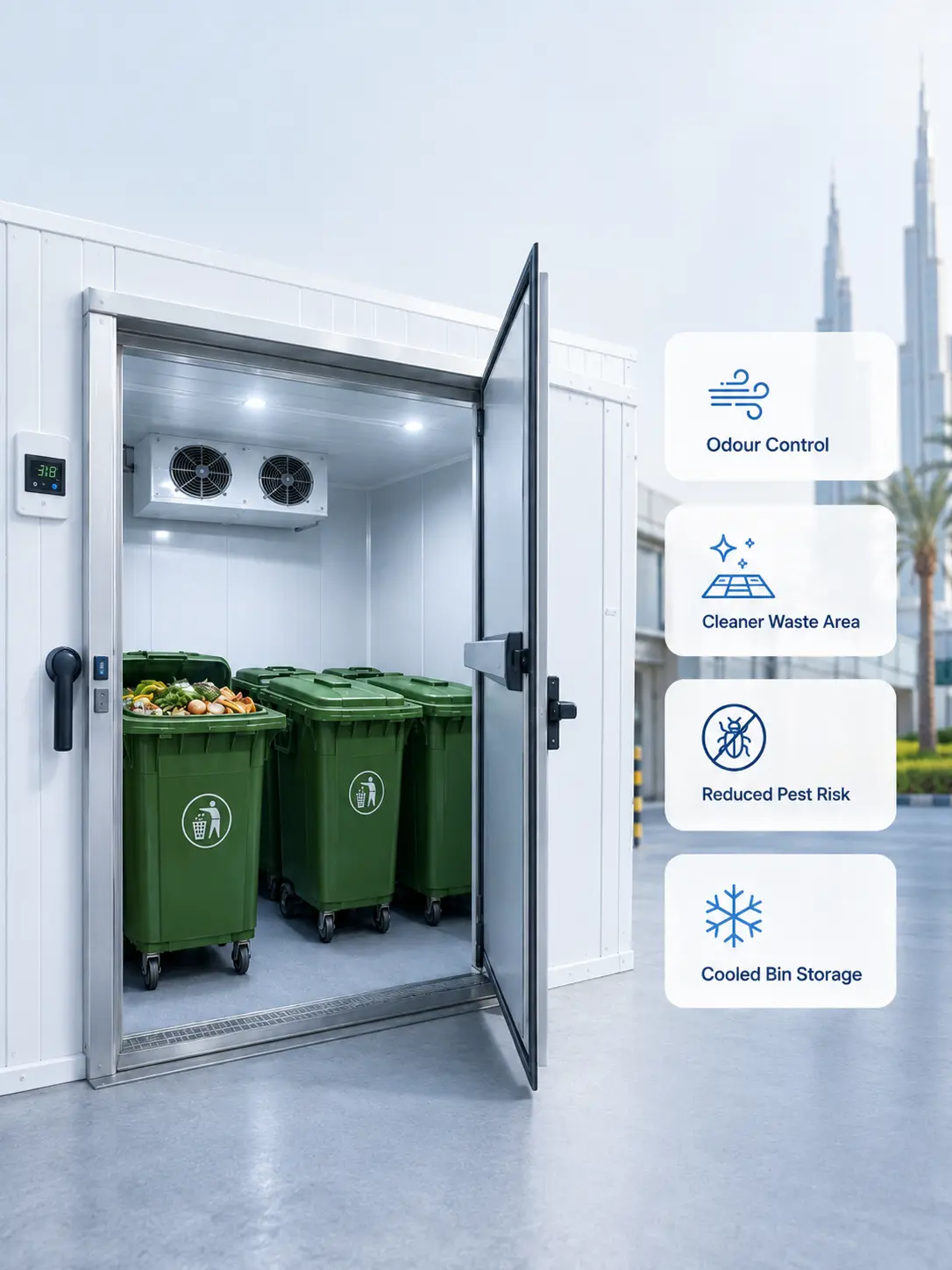 Garbage Chiller Room for Waste Storage UAE showing cooled bin storage, odour control, and reduced pest risk
