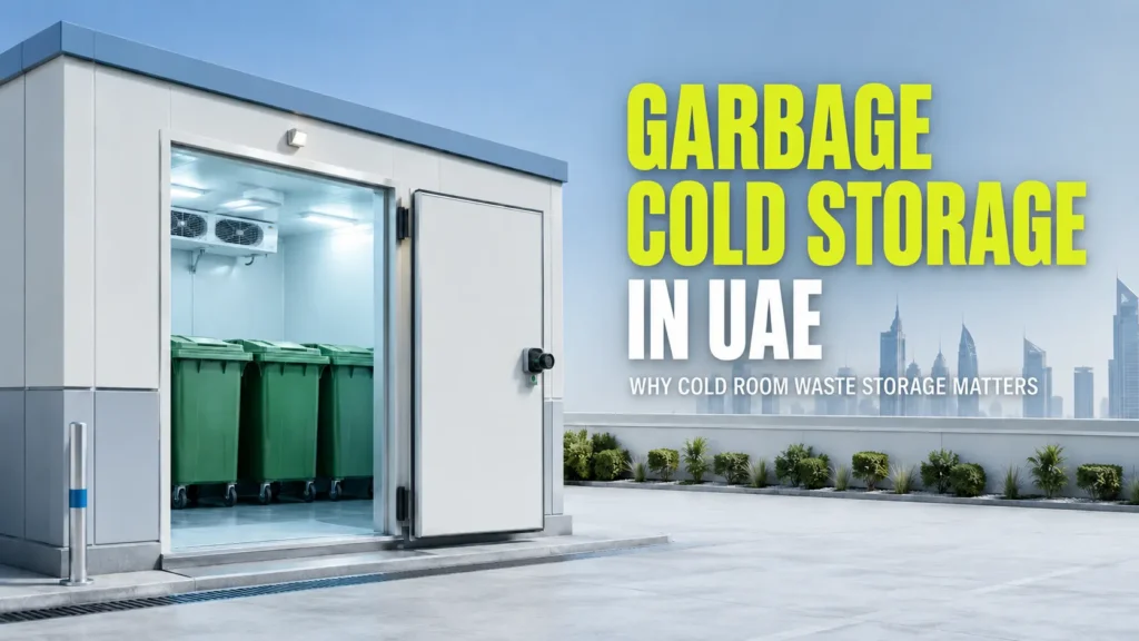 Garbage Cold Storage in UAE featured image showing a refrigerated garbage cold room with waste bins, insulated door, and Dubai commercial building background.