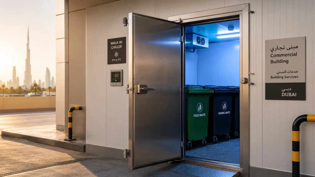 Garbage Cold Storage in UAE with an open waste storage chiller room, insulated door, cooling unit, and wheeled garbage bins for commercial buildings.