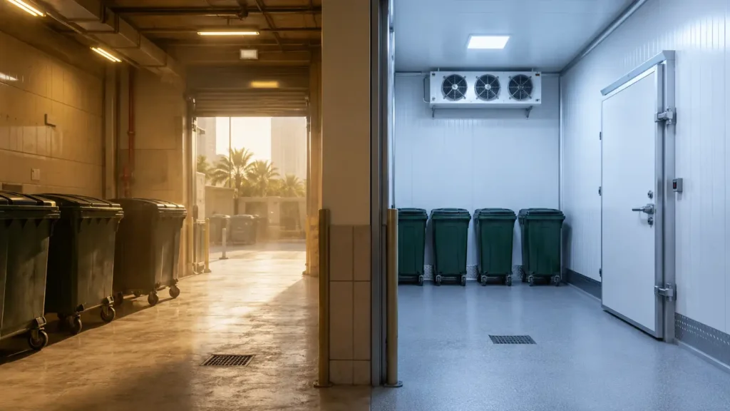 Garbage Cold Storage in UAE compared with a normal garbage room, showing cooled waste cold room with bins, insulated panels, cooling unit, and floor drain.
