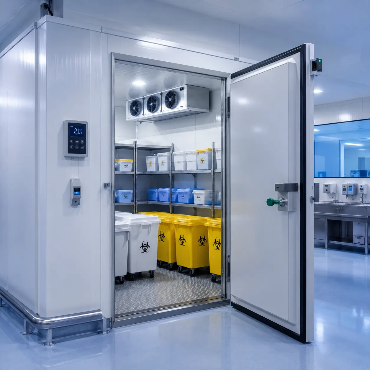 Healthcare waste storage chiller room in UAE with insulated panels, cooling unit, temperature control, and waste bins
