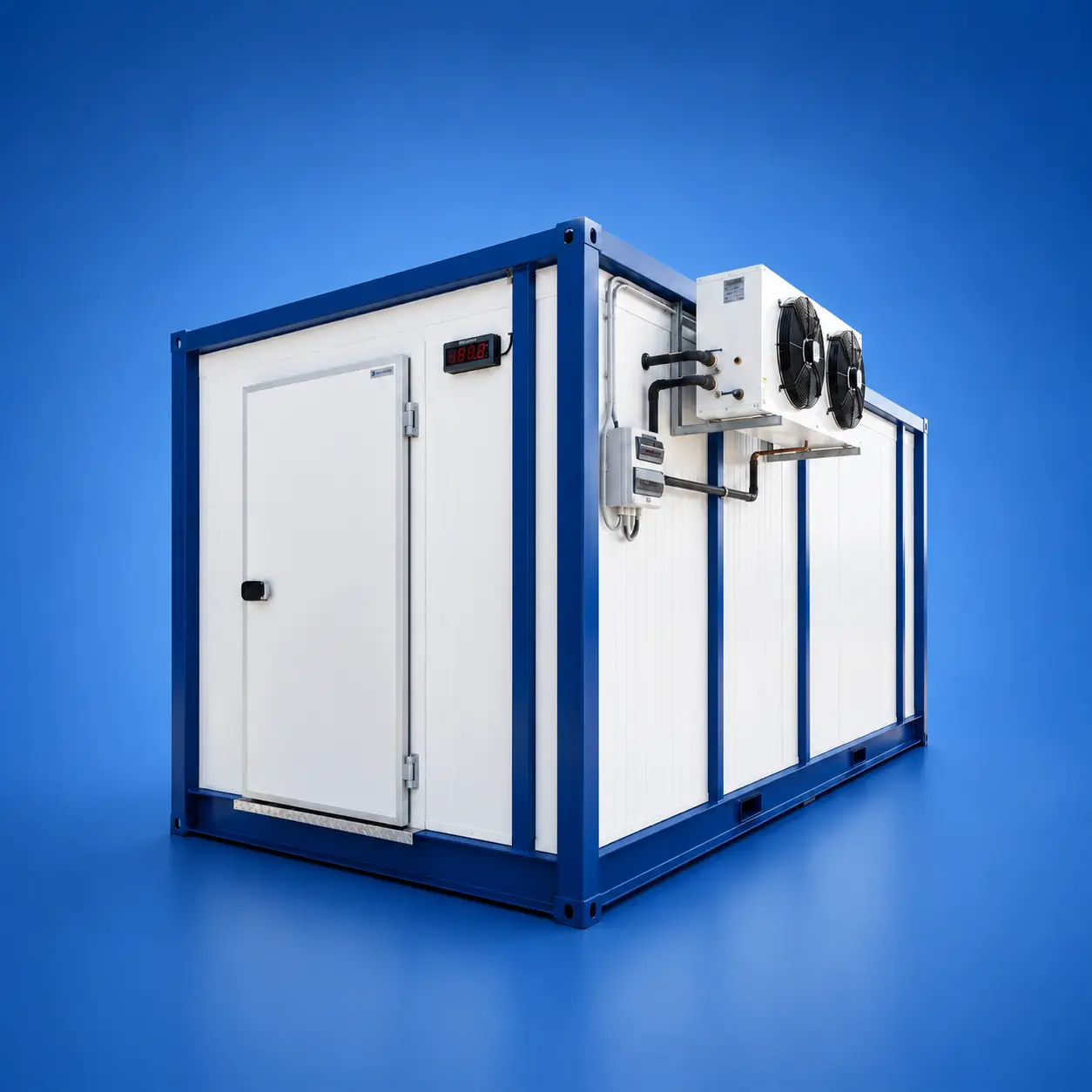 Industrial portable chiller unit with control panel, cooling fan, and flexible hoses used for commercial cold rooms and industrial process cooling