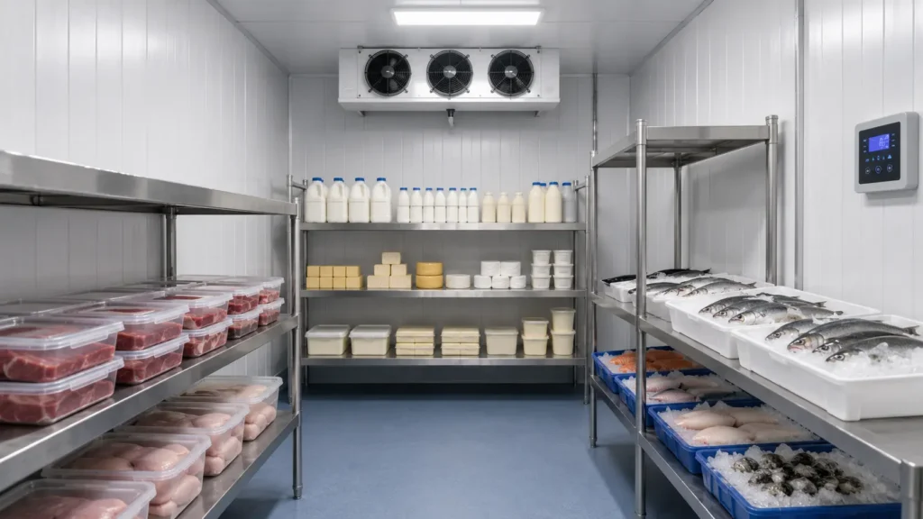 Commercial cold room with packed meat, poultry, fish on ice and dairy products stored on stainless steel shelves