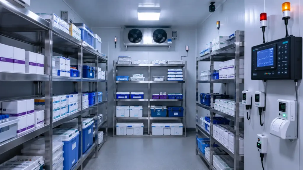 Pharmaceutical cold room with vaccines, medicine boxes, temperature sensors, alarms and digital monitoring equipment