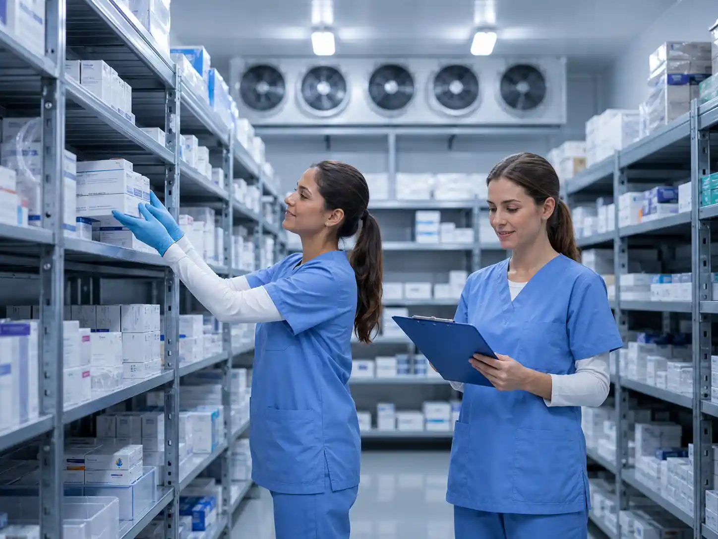 pharmaceutical walk-in chiller in UAE with healthcare staff arranging medicine boxes on refrigerated storage shelves