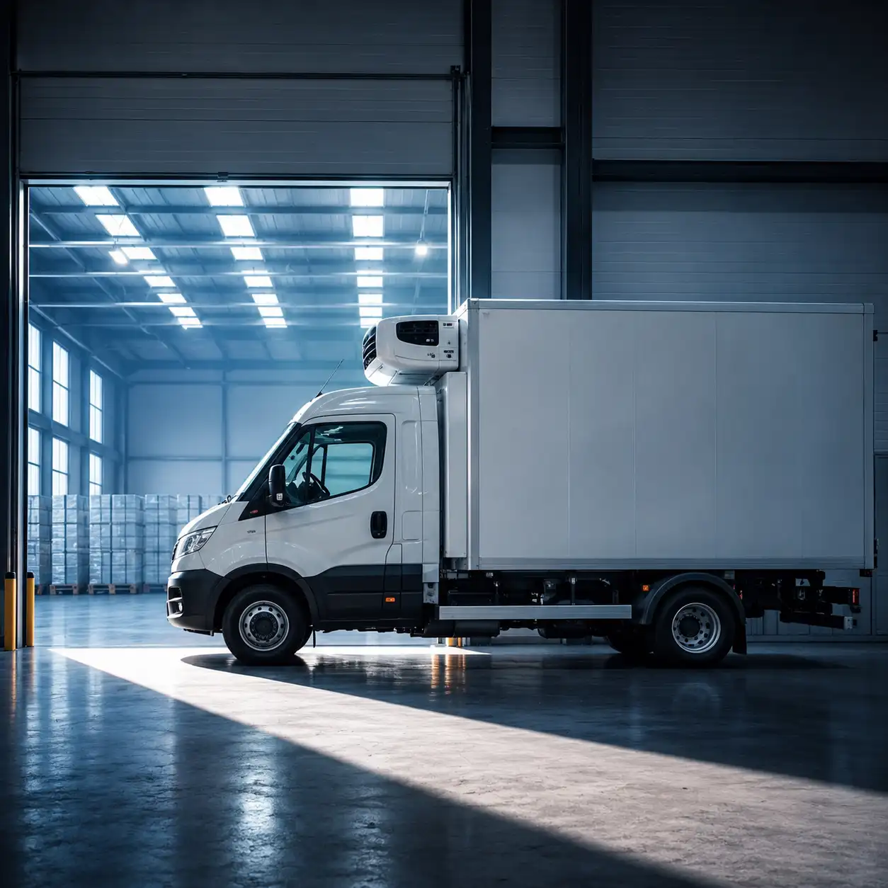 Refrigerated truck body with truck chiller unit inside a UAE warehouse for cold delivery and temperature-controlled transport