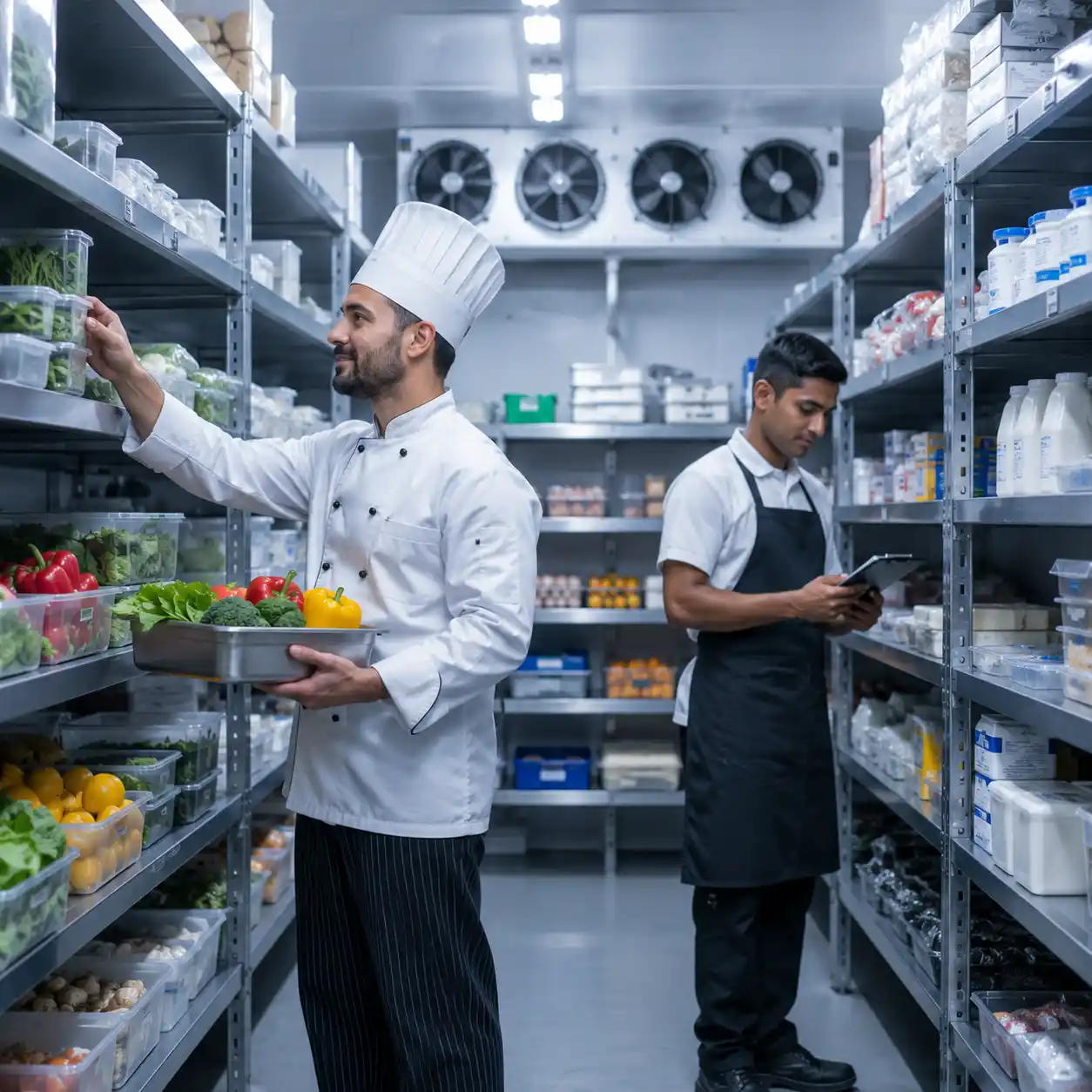 restaurant walk-in chiller room in UAE with chef and food service staff organizing fresh ingredients on refrigerated shelves