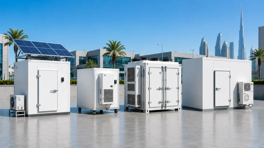 Different chiller room solutions in UAE including solar chiller room, portable chiller room, blast chiller, and walk-in chiller room for commercial cold storage