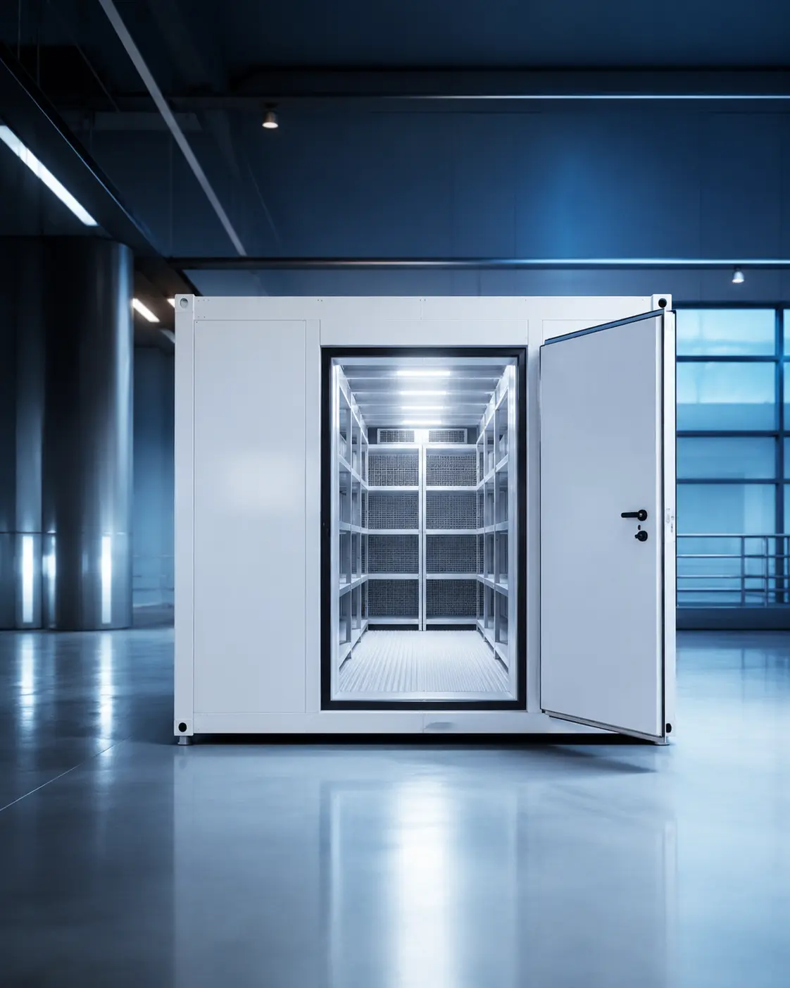Small custom cold room in UAE with insulated door, lighting and storage shelves