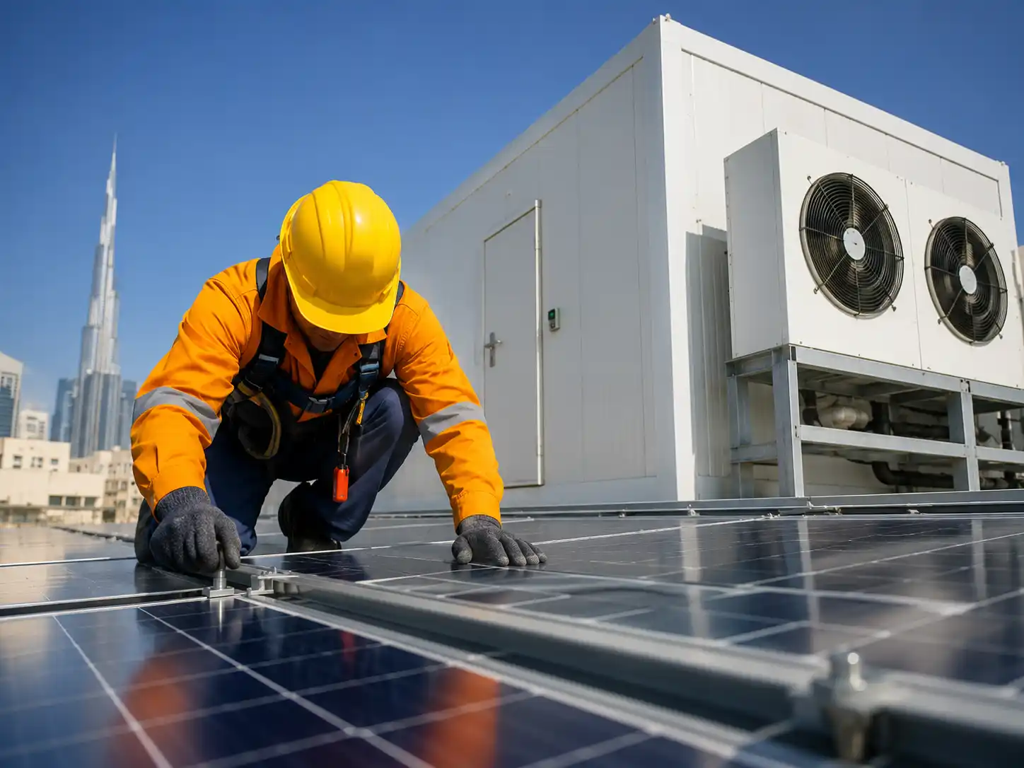 Technician installing solar panels for a solar cold room with backup planning in UAE