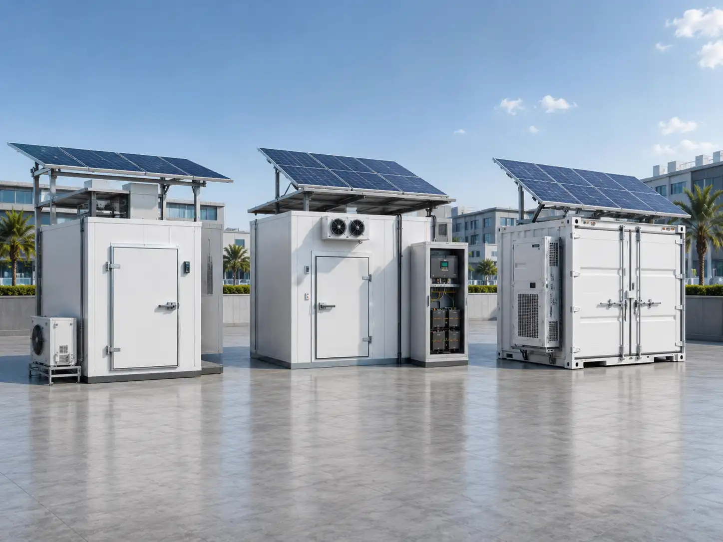 Solar cold room setup options in UAE showing modular cold rooms and solar powered cold storage container