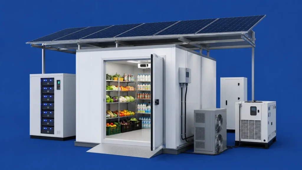 Solar Cold Room Manufacturing and Installation in UAE with solar panels, cold room, refrigeration unit, and backup power system