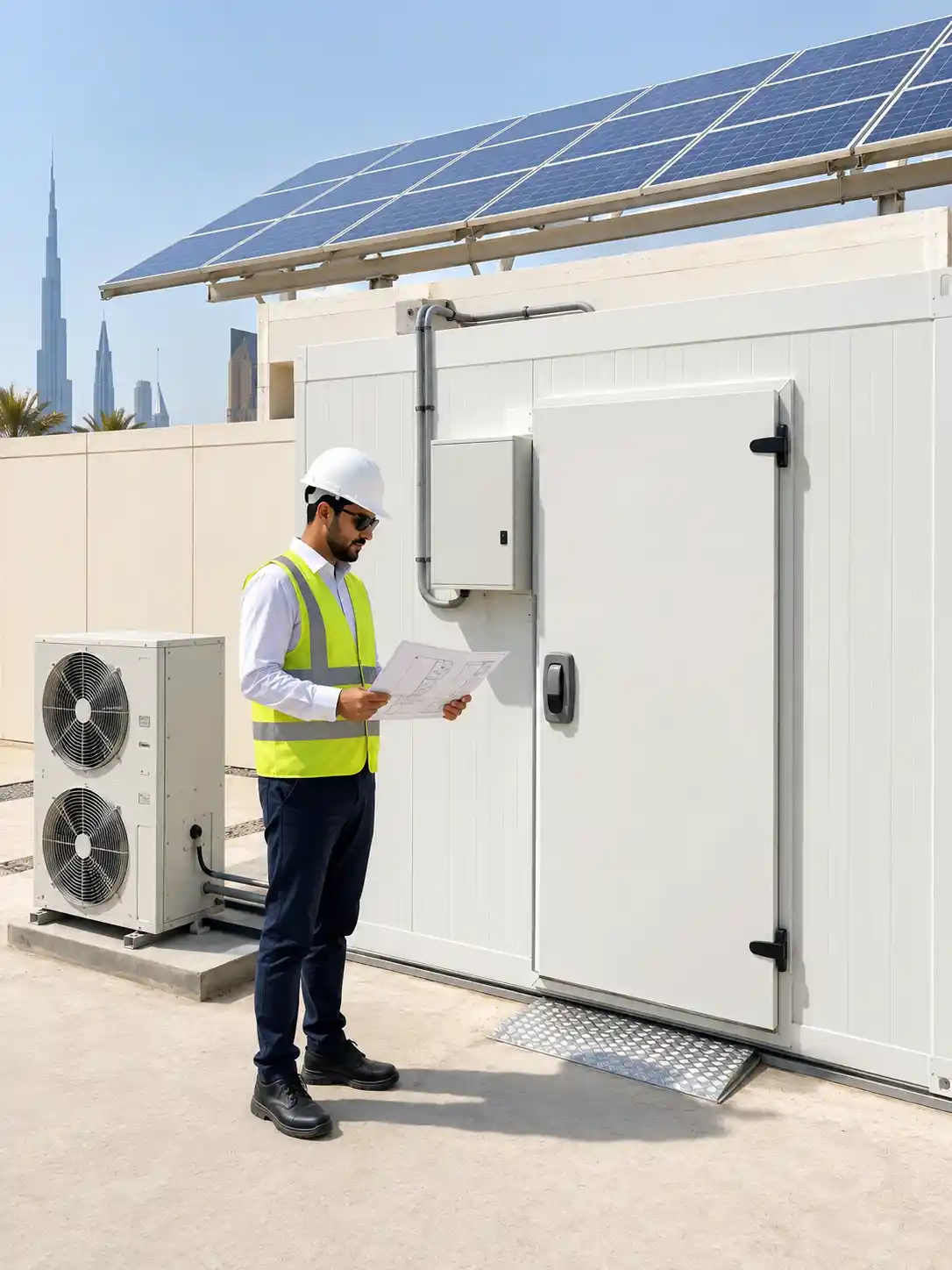 Technician planning solar cold storage in UAE with solar panels, cold room, and refrigeration unit