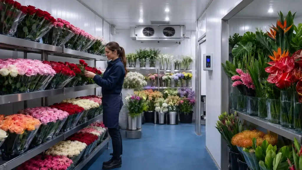 Flower cold room with roses stored separately from tropical flowers such as anthurium and bird of paradise