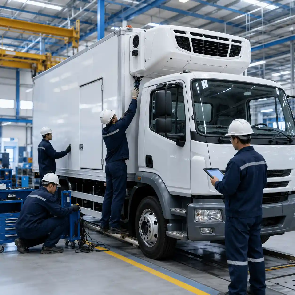 Technicians installing a truck chiller unit on a refrigerated truck body in UAE