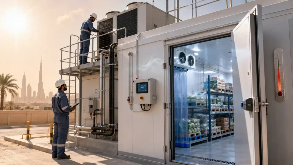 Technicians inspecting a commercial cold room refrigeration system during hot UAE weather