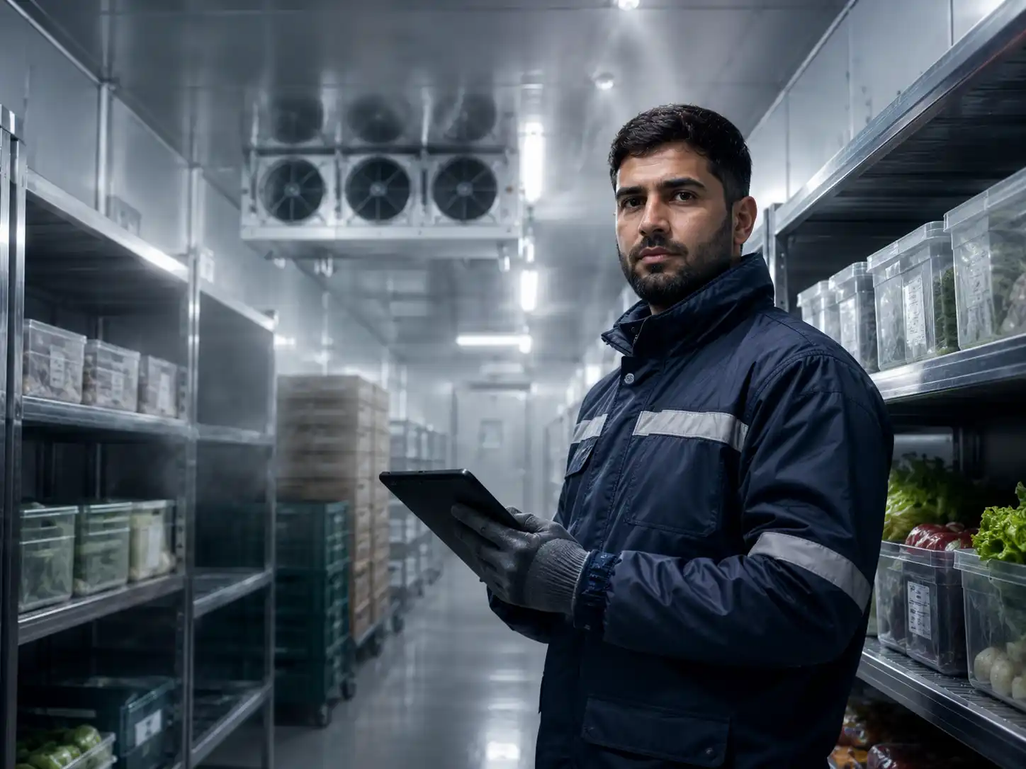 walk-in chiller in UAE with a technician monitoring refrigerated storage shelves and cooling performance inside a commercial cold room