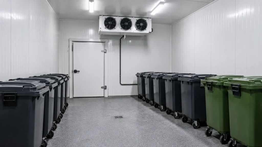Walk-in Garbage Cold Storage in UAE with insulated panels, cooling unit, sealed door, floor drain, and wheeled waste bins for commercial waste storage.