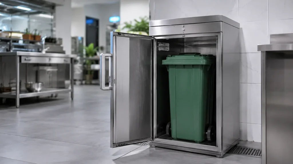 Waste Disposal Cooler for Garbage Cold Storage in UAE with a stainless steel refrigerated cabinet holding a wheeled waste bin in a commercial kitchen.