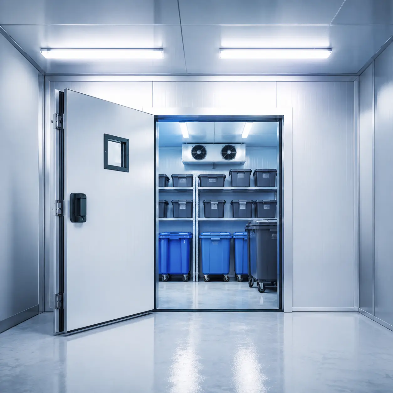 Waste storage chiller room in UAE with insulated panels, open door, cooling unit, and garbage bins