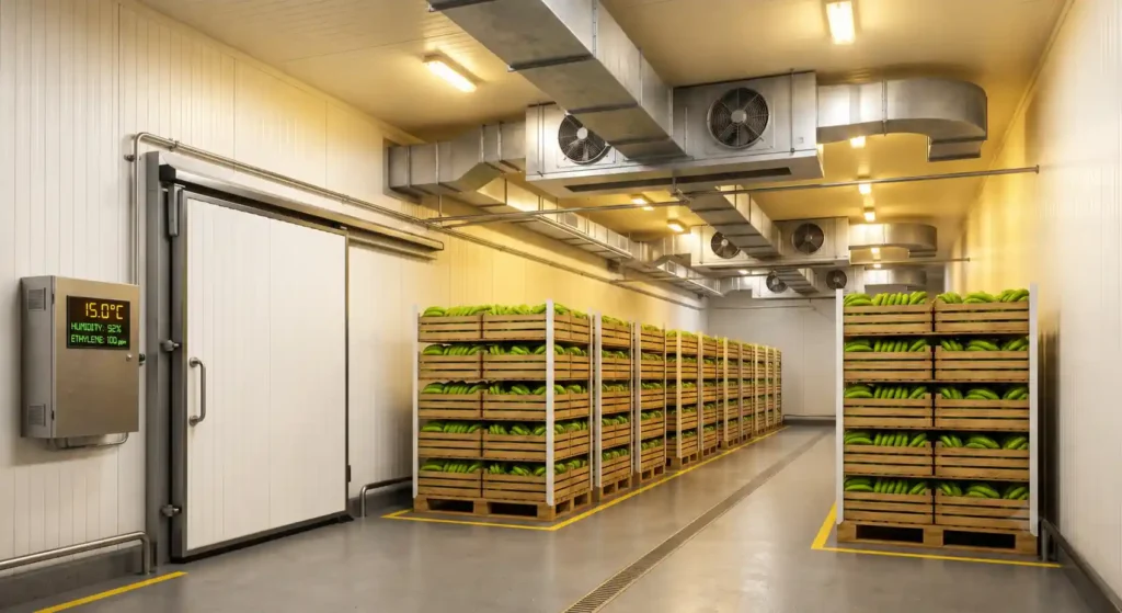 Commercial banana ripening room with stacked banana pallets, controlled temperature and humidity, industrial ventilation, and refrigeration equipment for uniform fruit ripening.