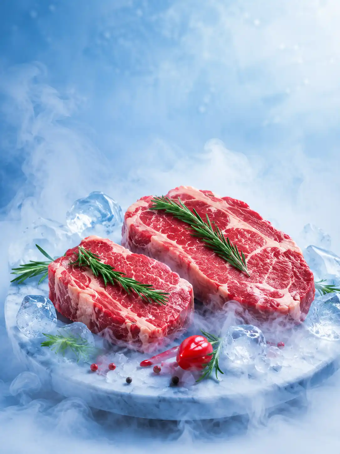 Fresh beef cuts on ice with cold fog, illustrating beef cold storage and temperature-controlled meat preservation for commercial food businesses.
