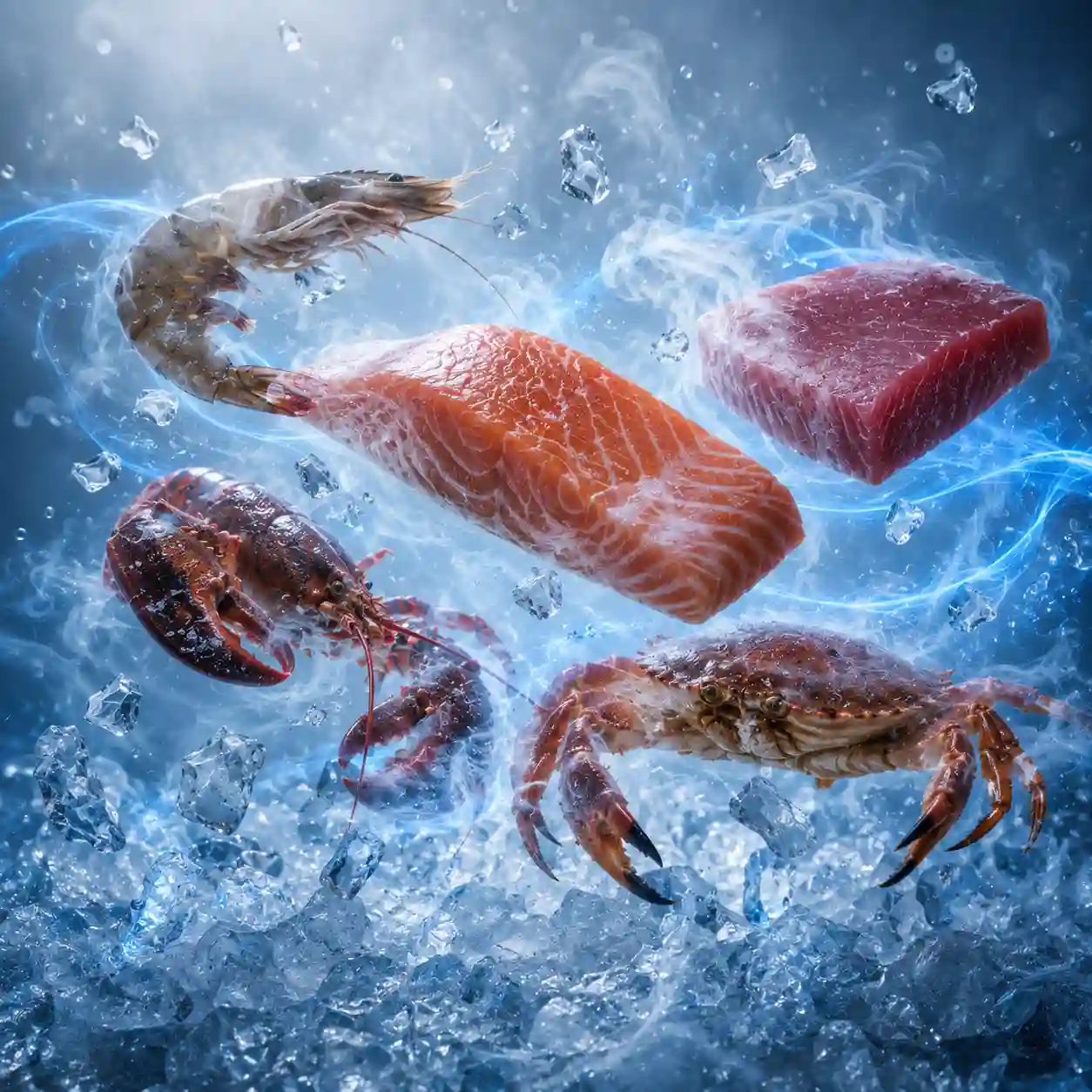 Cold storage for fish featuring frozen salmon, tuna, shrimp, lobster and crab in a premium seafood cold storage environment for commercial operations in Dubai, Abu Dhabi and Sharjah, UAE.