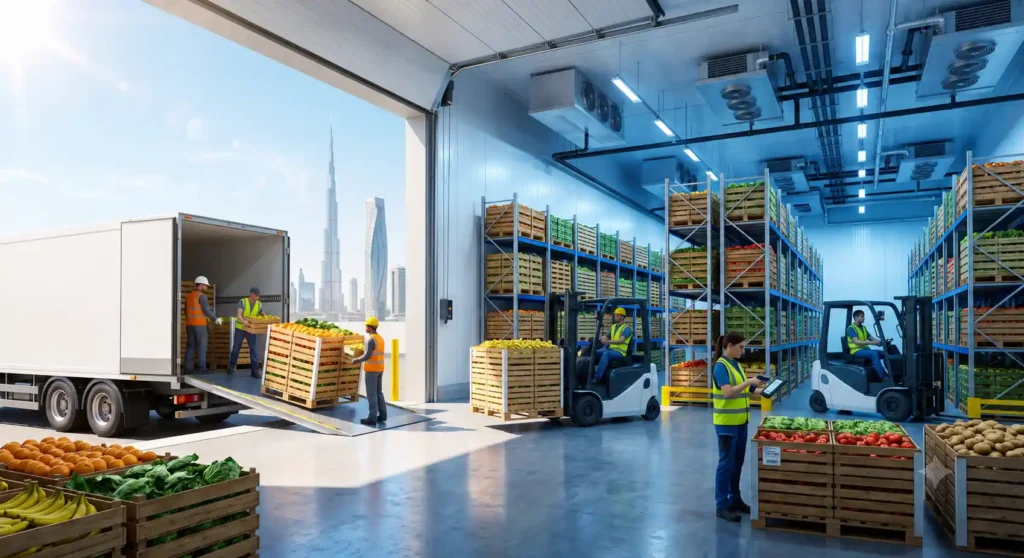 Cold storage for fruits and vegetables in UAE featuring a commercial walk-in cold storage warehouse with refrigerated truck unloading fresh produce, forklifts, and temperature-controlled storage.