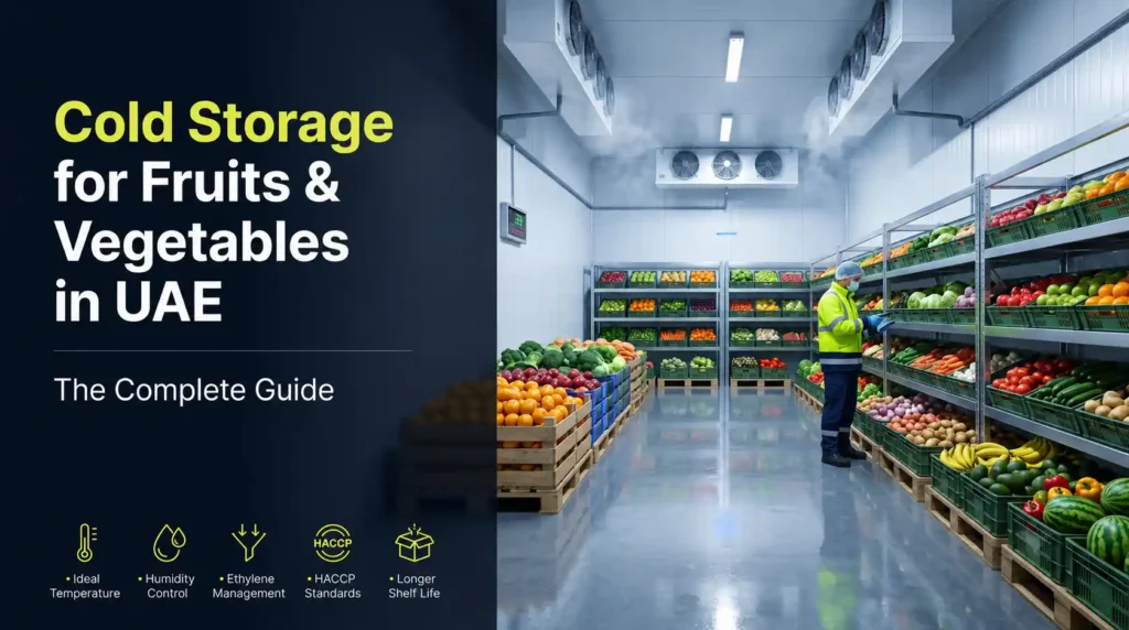 Modern walk-in cold storage facility in the UAE storing fresh fruits and vegetables at controlled temperature with organized shelving and commercial refrigeration system.