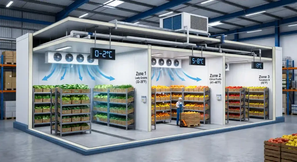 Cold storage for fruits and vegetables in UAE showing separate temperature-controlled zones for leafy greens, citrus fruits, and tomatoes inside a commercial walk-in cold storage facility.