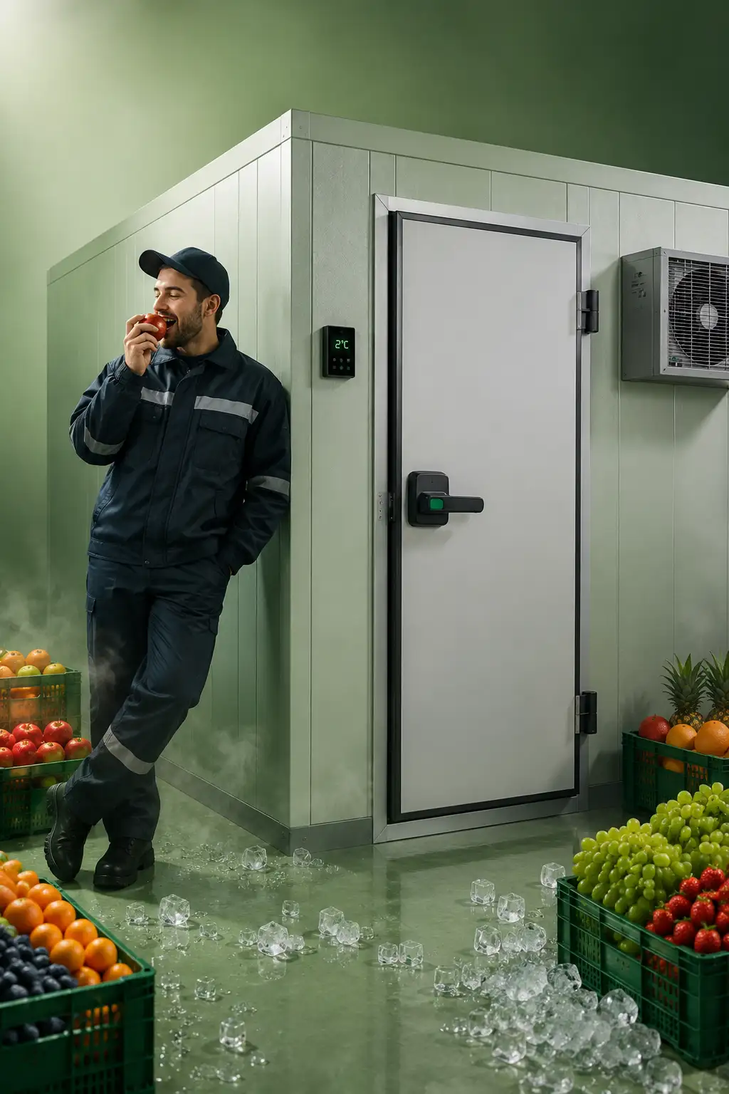 Cold storage technician eating a fresh red apple beside a commercial cold storage for fruits with a closed walk-in cold room.