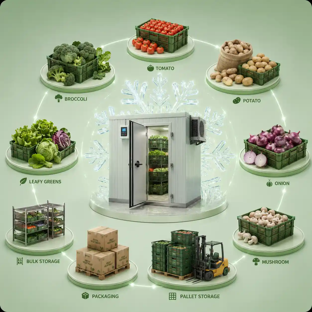 Infographic showing cold storage for vegetables including tomato, potato, onion, broccoli, mushroom, and leafy greens in a commercial chiller room.