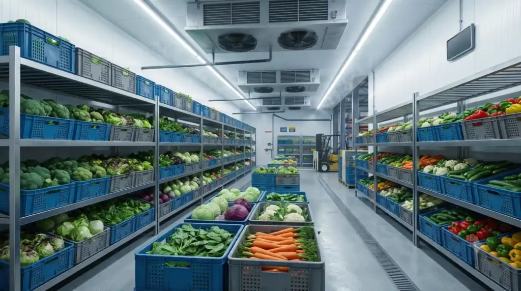 Cold storage for vegetables in UAE with a modern walk-in storage room featuring organized shelves of fresh vegetables, commercial refrigeration units, and temperature-controlled storage.