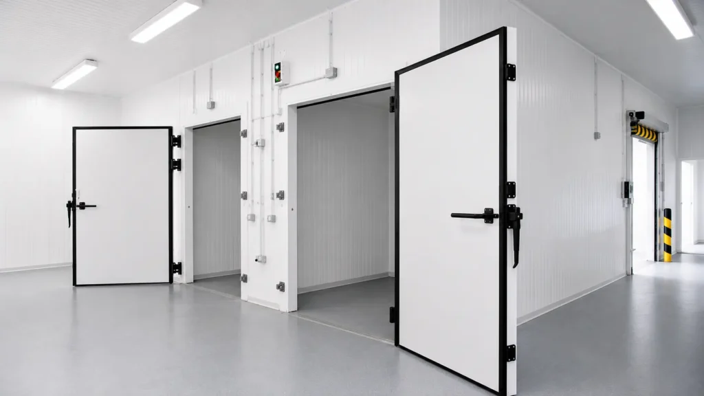 Insulated cold storage warehouse setup in UAE with industrial cold room doors, temperature-controlled chambers, and refrigerated storage infrastructure.