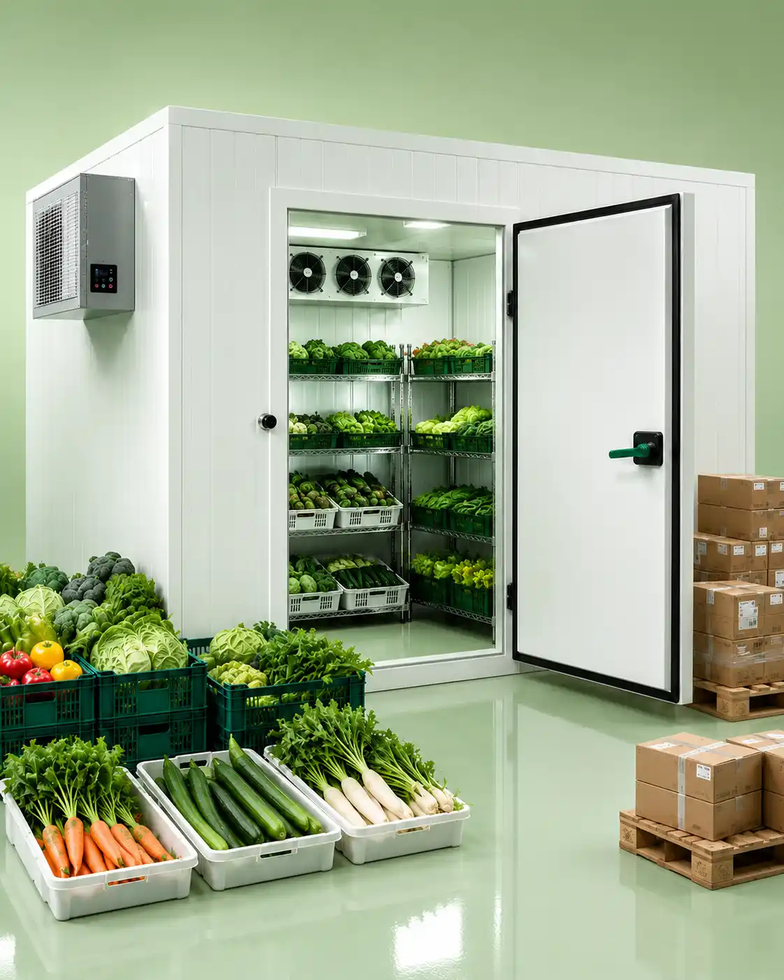 Commercial cold storage for vegetables with a walk-in chiller room storing fresh vegetables in temperature-controlled conditions.