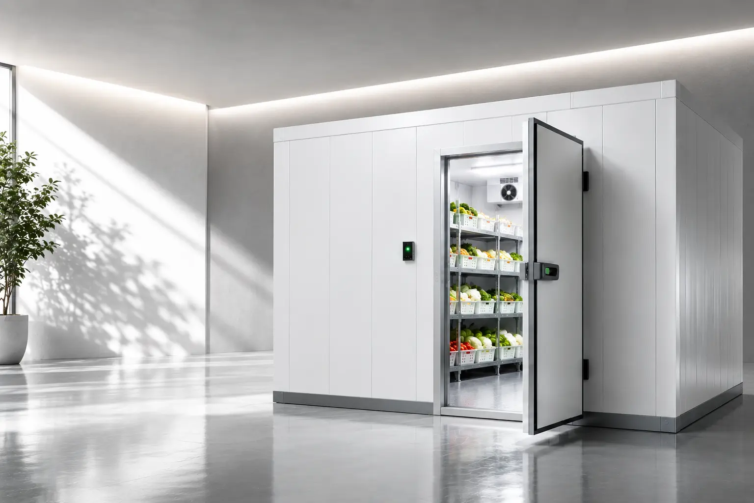 Commercial cold storage room with insulated panels, white interior, shelving systems, and industrial refrigeration equipment for temperature-controlled storage in the UAE.