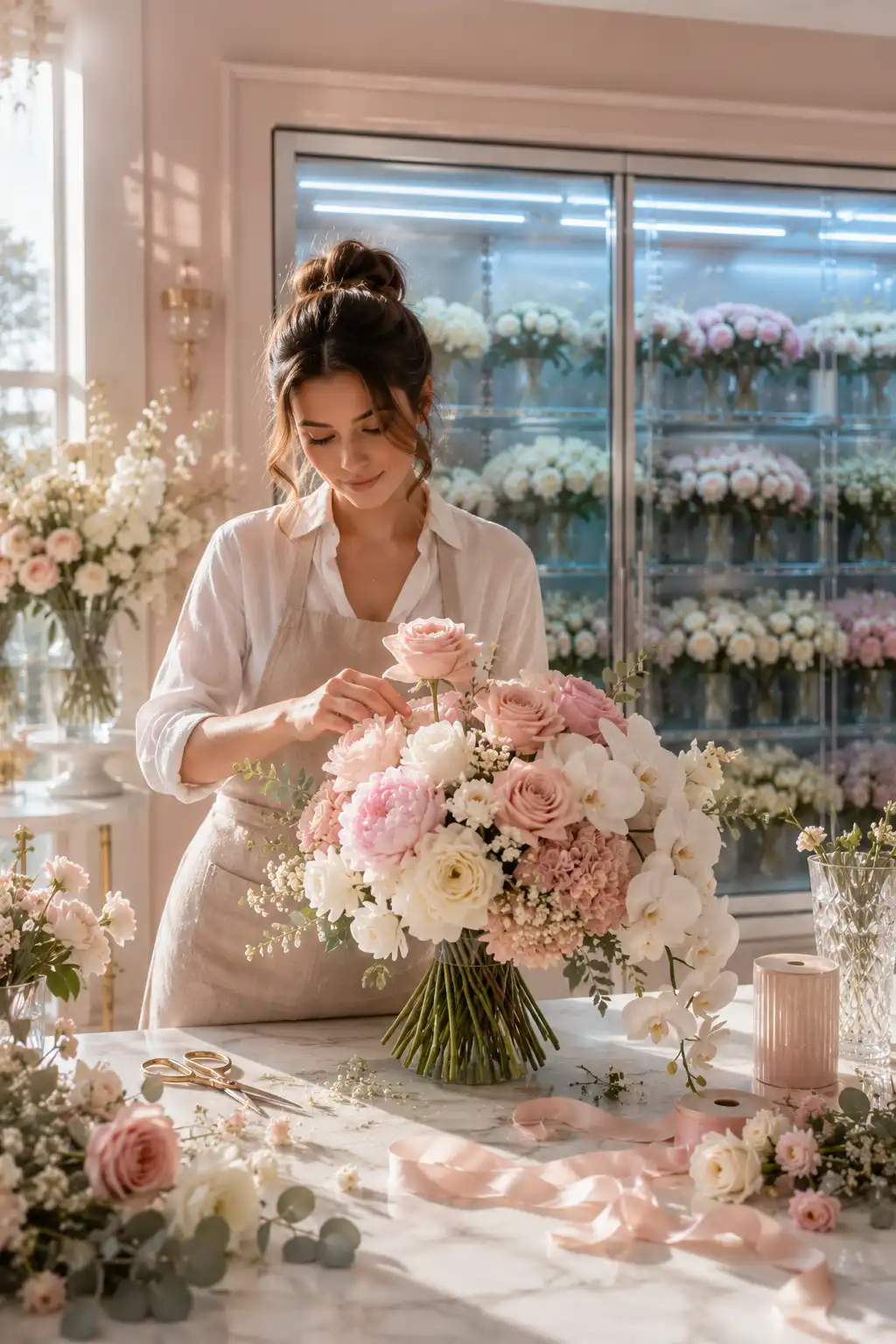 Florist arranging a fresh flower bouquet in front of a commercial flower cooler with a glass-door floral display cooler preserving flowers at optimal temperature and humidity.